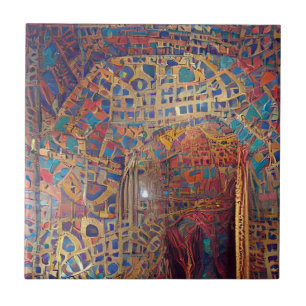 Moroccan mosaic red gold turquoise geometric art ceramic tile