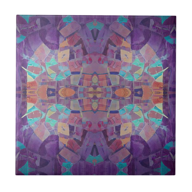 Moroccan mosaic red purple turquoise geometric art ceramic tile (Front)
