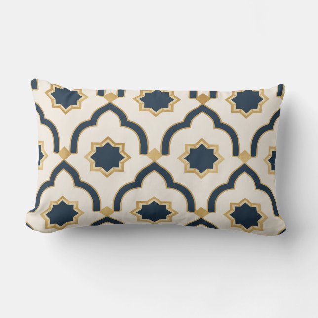 Moroccan mug, navy blue gold, geometric pattern, i lumbar cushion (Front)