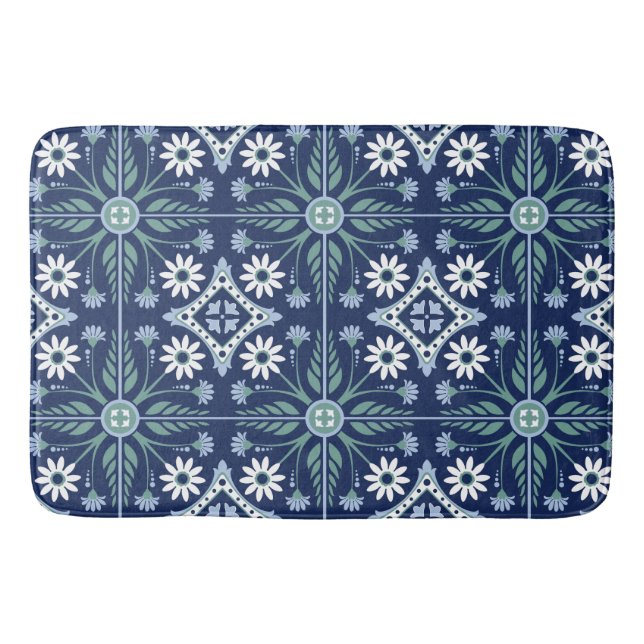 Moroccan ornamental floral boho tile  bath mat (Front)