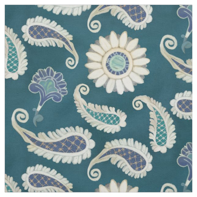 Moroccan Paisley Floral Art Pattern Peacock Blue Fabric (Swatch)