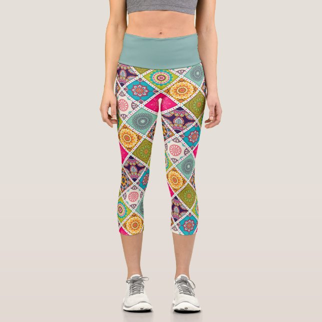 Moroccan pattern colourful funky art capri leggings (Front)