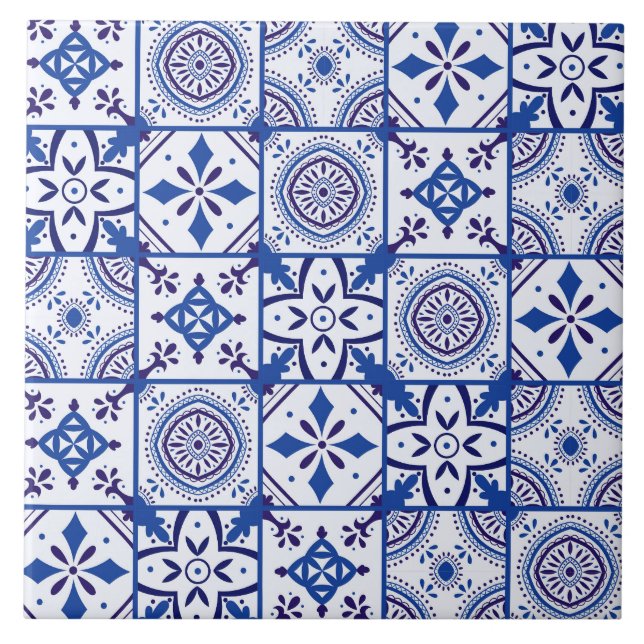 Moroccan Pattern in Blue, White, & Black Ceramic Tile (Front)