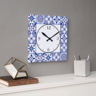 Moroccan Pattern in Blue, White, & Black Square Wall Clock
