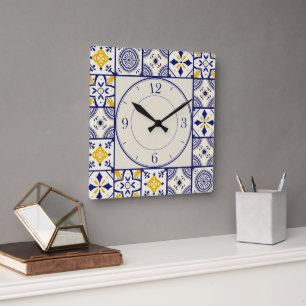 Moroccan Pattern in Blue, Yellow, Beige Square Wall Clock
