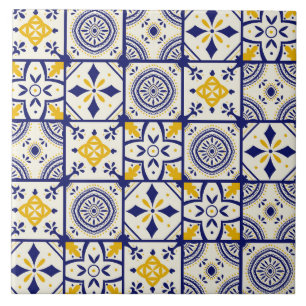 Moroccan Pattern in Blue, Yellow, Cream Ceramic Tile