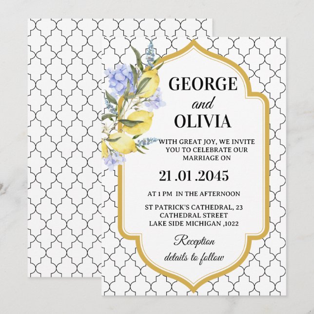 Moroccan Pattern Mediterranean Lemon Wedding Invitation (Front/Back)