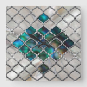 Moroccan pattern on the pearl and colour shell square wall clock