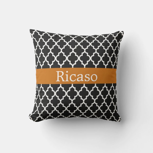 Moroccan Pattern Personalised Orange And Black Cushion (Front)