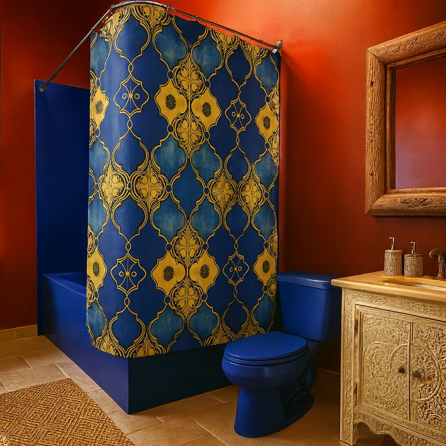 Moroccan Pattern Quatrefoils Cobalt Blue Gold Shower Curtain (Moroccan blue and gold tile pattern shower curtain in situ in Moroccan style bathroom. )