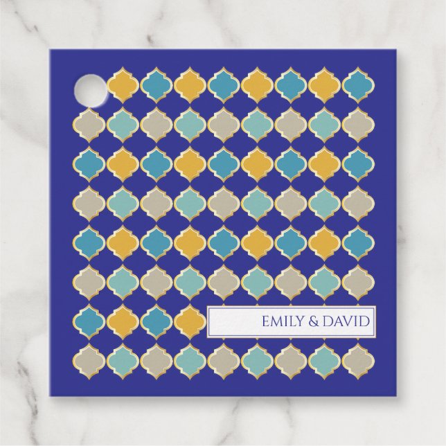 Moroccan Pattern Tile Royal Blue Golden Wedding Favour Tags (Front)