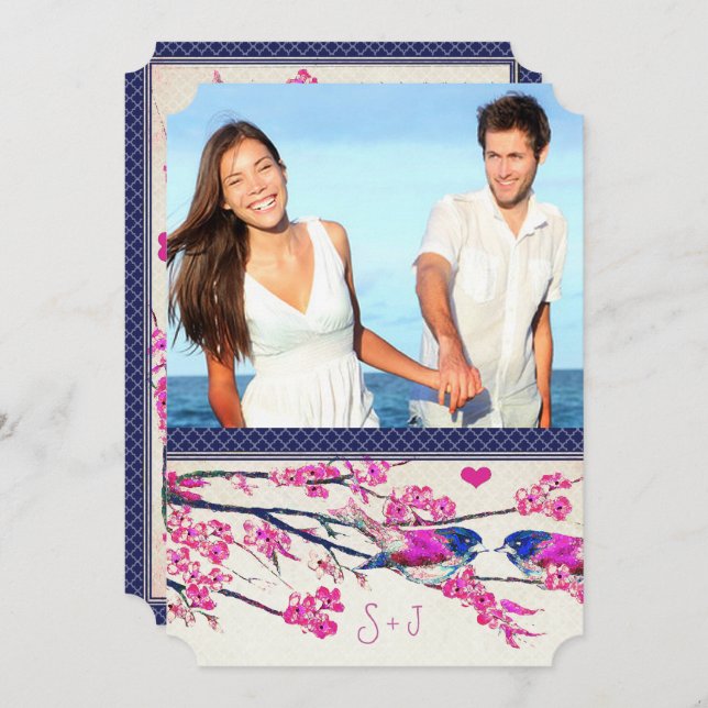 Moroccan Photo Pink Navy Love Bird Cherry Blossom Invitation (Front/Back)