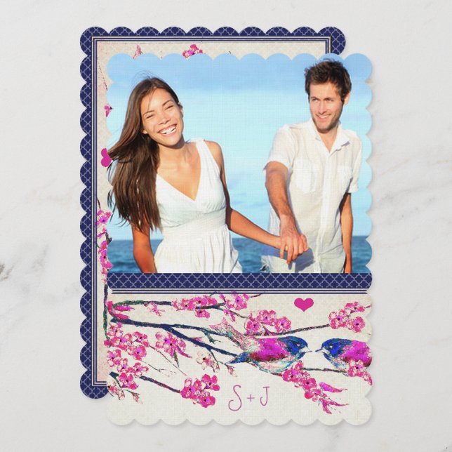 Moroccan Photo Pink Navy Love Bird Cherry Blossom Invitation (Front/Back)