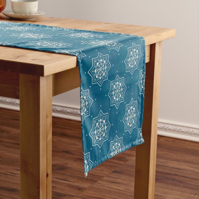 Moroccan Portuguese Blue Azulejos Tile Pattern Short Table Runner (In Situ)