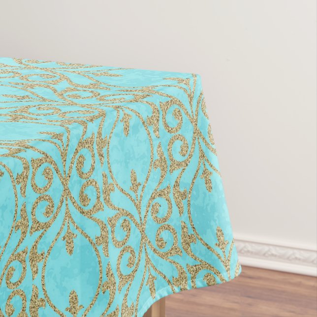 Moroccan Print flourish turquoise aqua gold Tablecloth (In Situ)