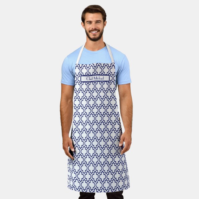 Moroccan Quatrefoil #7 DIY Colours Navy White SV Apron (Worn)