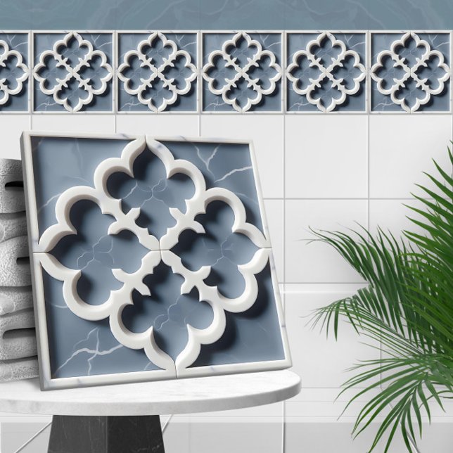 Moroccan Quatrefoil Blue and White Marble Ceramic Tile (Creator Uploaded)