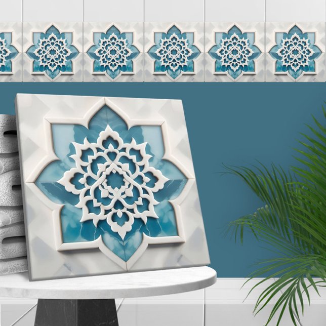 Moroccan Quatrefoil Blue and White Marble Ceramic Tile (Creator Uploaded)