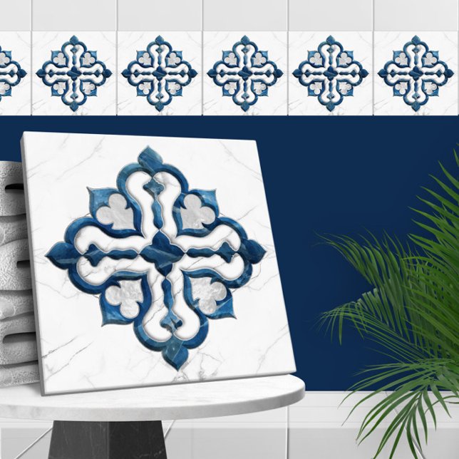 Moroccan Quatrefoil Blue and White Marble Ceramic Tile (Creator Uploaded)