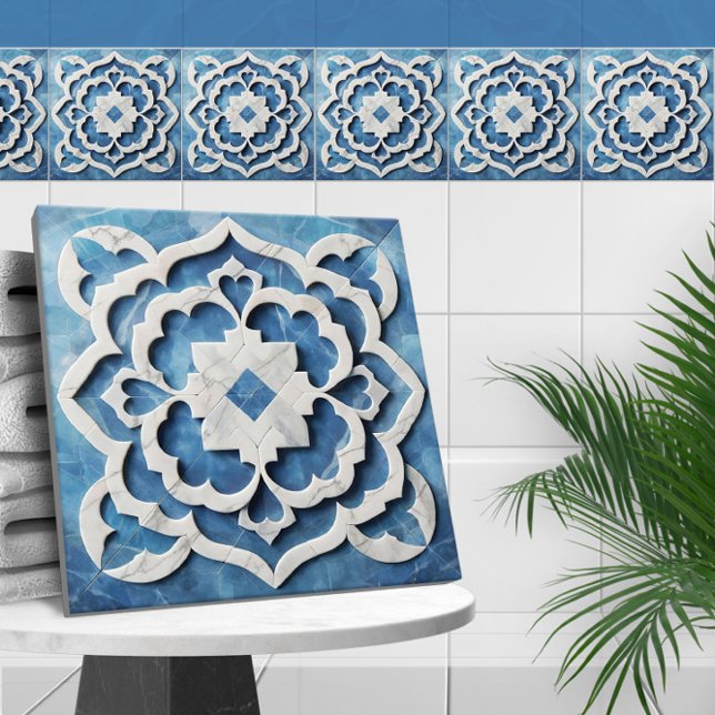 Moroccan Quatrefoil Blue and White Marble Ceramic Tile (Creator Uploaded)