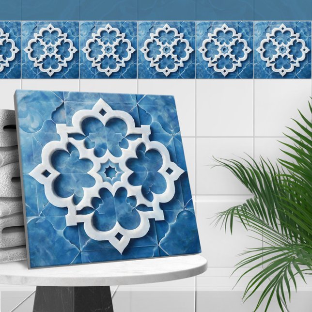Moroccan Quatrefoil Blue and White Marble Ceramic Tile (Creator Uploaded)