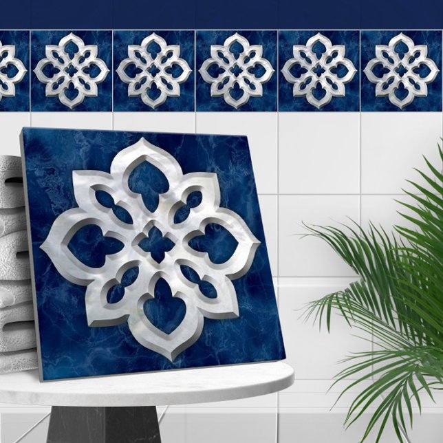 Moroccan Quatrefoil Blue Marble and Pearl Ceramic Tile (Creator Uploaded)