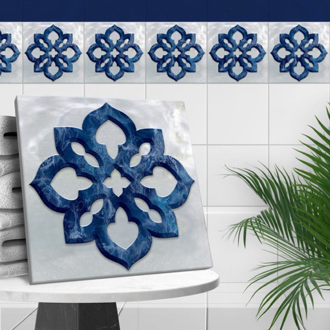 Moroccan Quatrefoil Blue Marble and Pearl Ceramic Tile (Creator Uploaded)