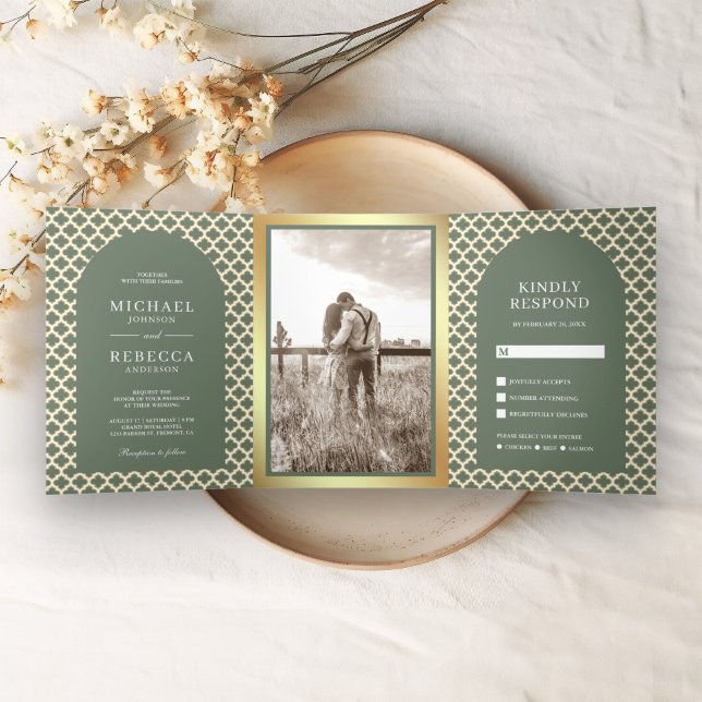 Moroccan Quatrefoil Boho Sage Green Arch Wedding Tri-Fold Invitation (Creator Uploaded)