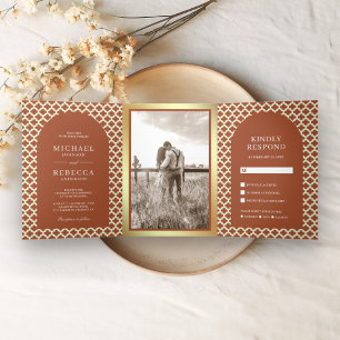 Moroccan Quatrefoil Boho Terracotta Arch Wedding Tri-Fold Invitation