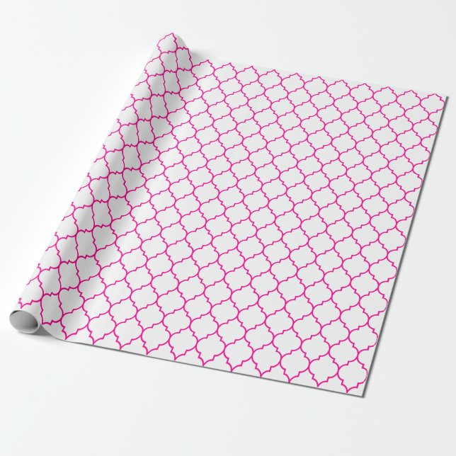 Moroccan Quatrefoil Hot Pink on White Wrapping Paper (Unrolled)