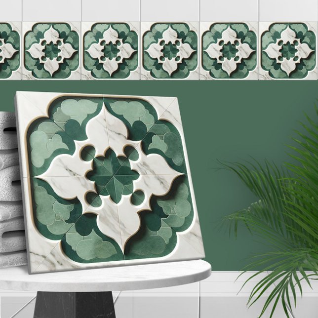 Moroccan Quatrefoil Muted Green and White Marble Ceramic Tile (Creator Uploaded)