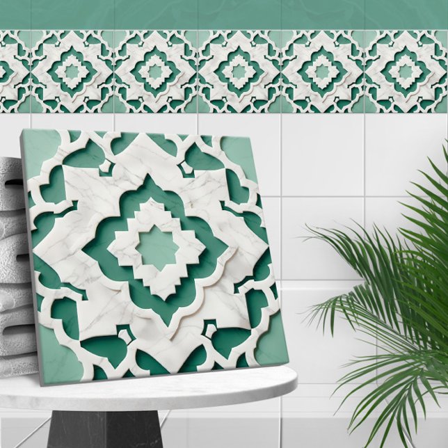 Moroccan Quatrefoil Muted Green and White Marble Ceramic Tile (Creator Uploaded)
