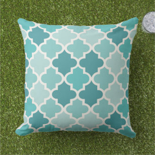 Moroccan Quatrefoil Pattern   Aqua and Turquoise Outdoor Cushion