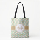 Moroccan Quatrefoil Pattern Gold Mint Monogram