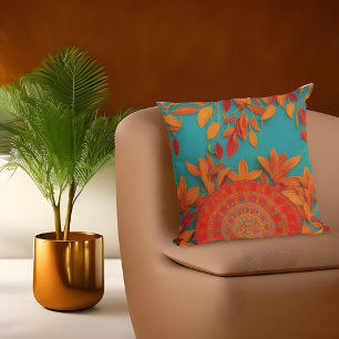 Moroccan rustic gold red orange blue autumn leaves cushion