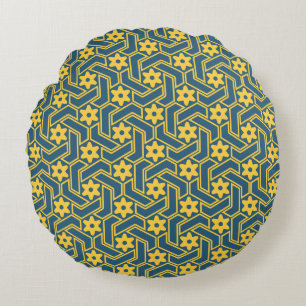 Moroccan Star Lattice - Blue and Yellow Pattern Round Cushion