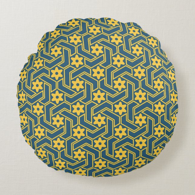Moroccan Star Lattice - Blue and Yellow Pattern Round Cushion (Front)