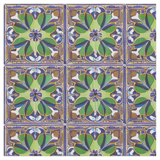 Moroccan Style Blue & Green Tile Pattern Easy Cut Fabric (Close Up)