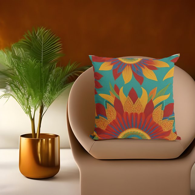 Moroccan style gold red orange teal blue florals cushion (Creator Uploaded)