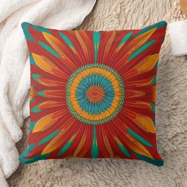 Moroccan style gold red orange teal blue flower cushion (Blanket)