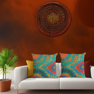 Moroccan style gold red orange teal blue flower  cushion