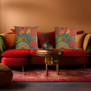 Moroccan style gold red orange teal blue Mandela 2 Cushion