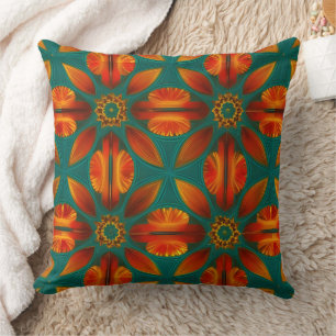 Moroccan style gold red orange teal green leaves cushion