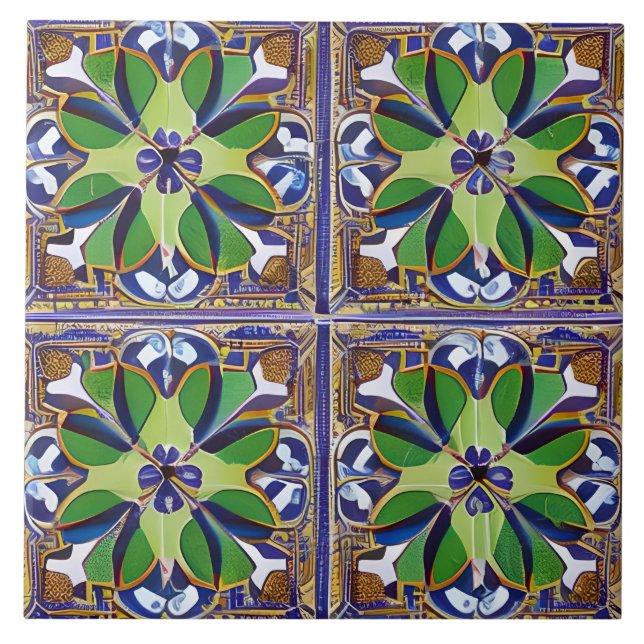 Moroccan Style Simulated Mosaic Blue and Green Ceramic Tile (Front)