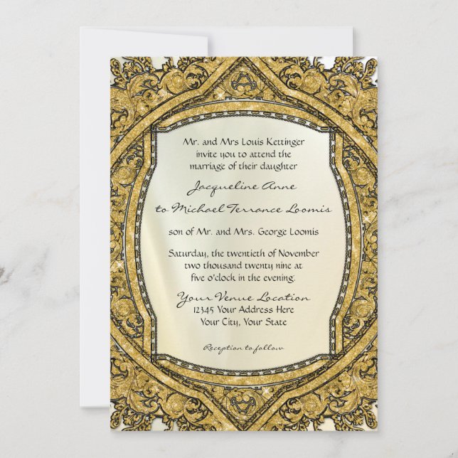 Moroccan Swirl Scroll Gold Glitter Elegant Wedding Invitation (Front)