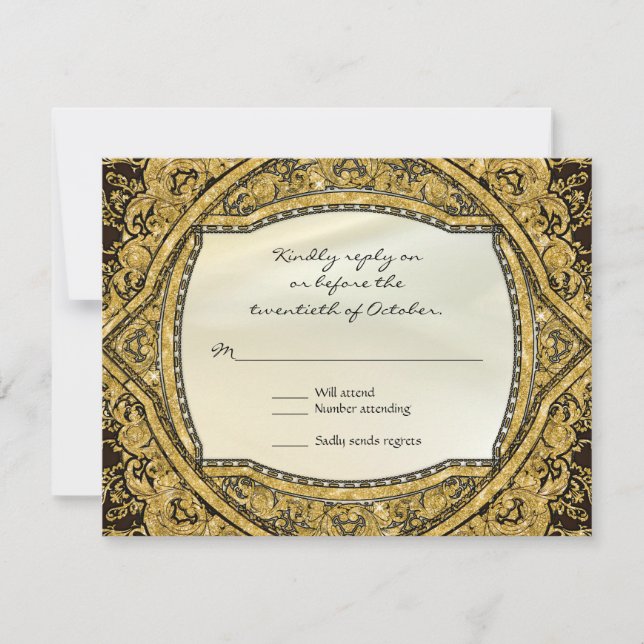 Moroccan Swirl Scroll Gold Glitter Elegant Wedding RSVP Card (Front)