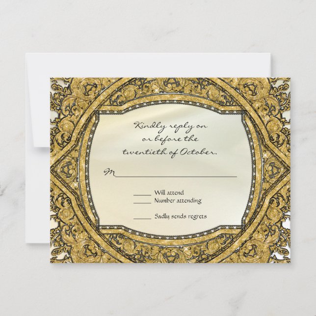 Moroccan Swirl Scroll Gold Glitter Elegant Wedding RSVP Card (Front)
