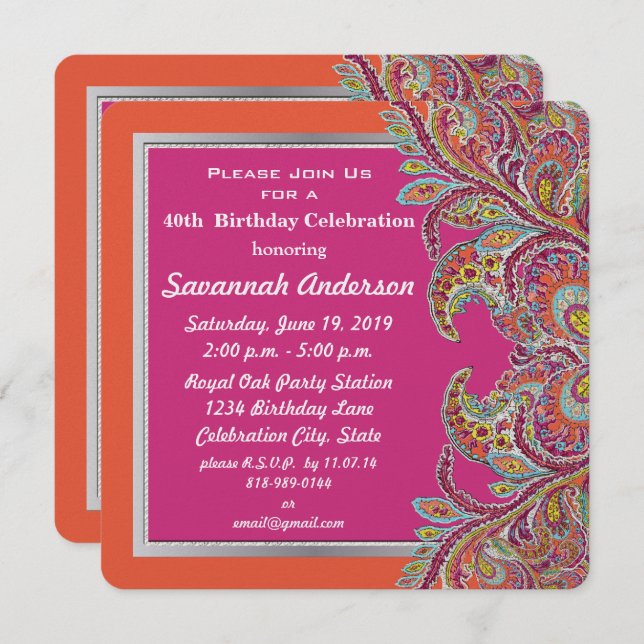 Moroccan Tangerine & Fuchsia 40th Birthday Party Invitation (Front/Back)