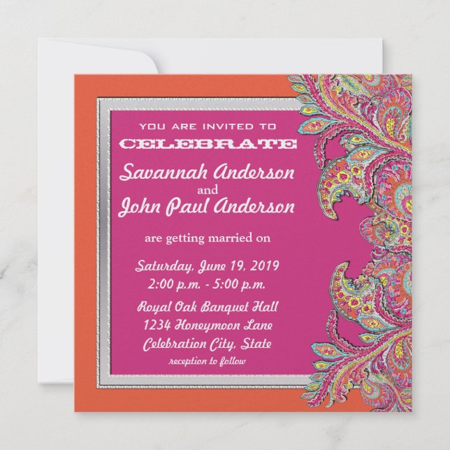 Moroccan Tangerine & Fuchsia Wedding Invitations (Front)