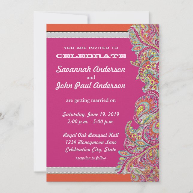 Moroccan Tangerine & Fuchsia Wedding Invitations (Front)